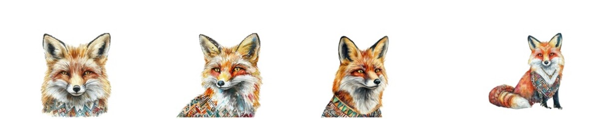 Obraz premium Watercolor Boho decor concept. A series of charming fox illustrations showcasing their playful expressions and vibrant fur patterns.