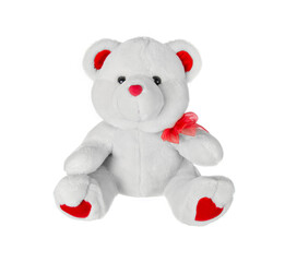 Soft toy white teddy bear with a red 
 bow isolated on white background Concept of love and friendship. Valentine's day