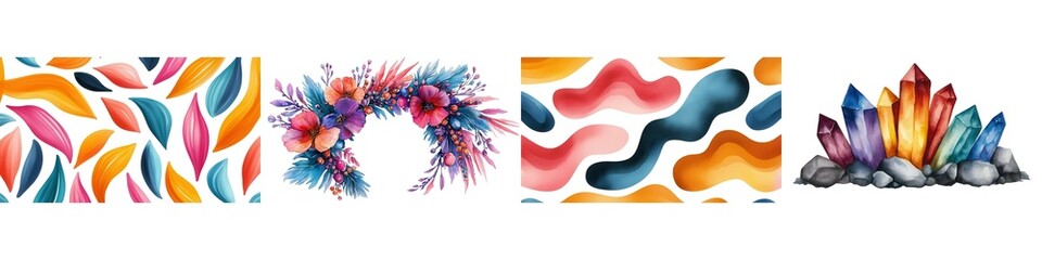 Obraz premium Watercolor Boho decor concept. A vibrant collection of abstract designs featuring colorful patterns, floral elements, and crystal motifs for creative projects.