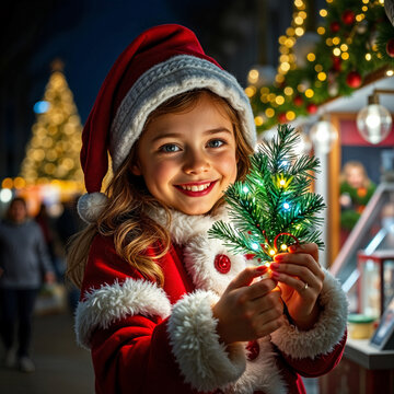M&auml;dchen mit B&auml;umchen auf dem Weihnachtsmarkt