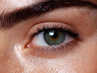 A close up of a woman's blue eye with long eyelashes