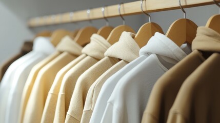 Fototapeta premium Beige Hoodie fashion Clothes on a clothing hanger,knitwear and hoodies on hangers,Minimal fashion clothes on a rack,Fashion blog, website, social media,store in shopping mall,sale online.