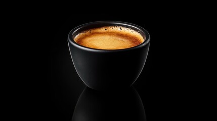 Obraz premium A rich cup of dark roasted espresso is presented in a sleek black cup. The smooth surface enhances the colors, creating a visually appealing contrast.