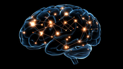 A human brain with glowing neural connections, symbolizing active thinking and cognitive processes