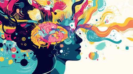 Fototapeta premium A vibrant depiction of a mind map with keywords and illustrations connecting different psychological concepts
