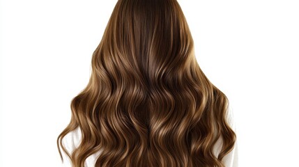 Fototapeta premium Beautiful model girl with Brown hair strand,silky healthy chestnut wavy hair strand isolated on white background,hair wavy ribbon, with smooth texture,vibrant shine,brunette hairpiece, hairy ribbon.