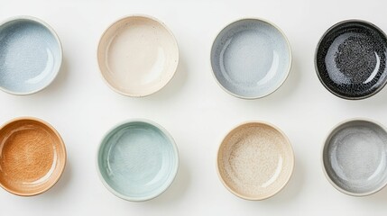Handmade Ceramics concept. A collection of colorful ceramic bowls arranged in two rows, showcasing various textures and hues against a light background.
