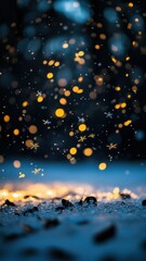 Fototapeta premium Golden snowflakes illuminated by soft light over a snowy forest floor at twilight