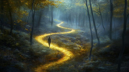 Fototapeta premium A person walking along a winding path through a forest, symbolizing the journey of self-discovery and healing