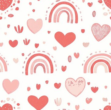 Carta da regalo con teneri cuori e arcobaleni, in tenui tonalit&agrave; pastello rosa e rossi su sfondo bianco, in stile Mary Blair