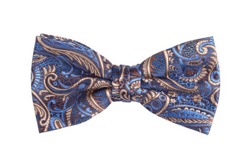 Elegant blue men's bow tie with floral motifs isolated on white background.