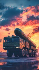 Fototapeta premium Military vehicle transports missile through snowy landscape during dramatic twilight conditions, emphasizing power and anticipation