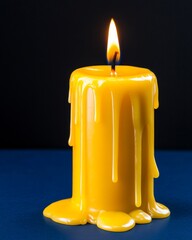 Melted Yellow Candle Burning Flame Dark Background Still Life