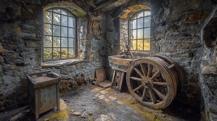 Obraz premium A glimpse of the past: an abandoned room with stone walls, windows, and a large wooden wheel