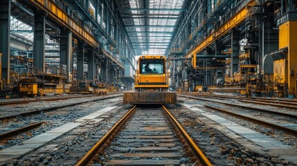 A Yellow Construction Vehicle on Train Tracks in a Large Industrial Building