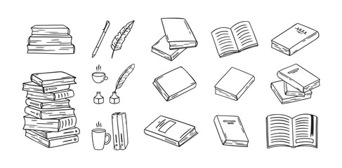 Hand drawn doodle different black outline books. linear style book icons set. Drawing books variations.