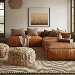 A sophisticated living room designed with a blend of muted tones and natural textures featuring a cognac leather sofa paired with a creamcolored area rug and woven jute ottomans.
