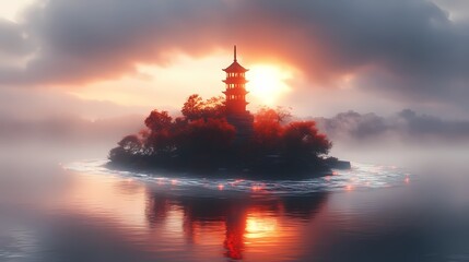 Fototapeta premium Traditional Chinese black and white flowing river and ancient pagoda illustration poster background