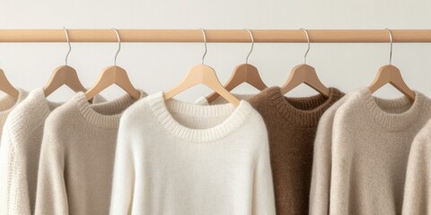 Neutral toned cashmere sweaters hanging on wooden hangers