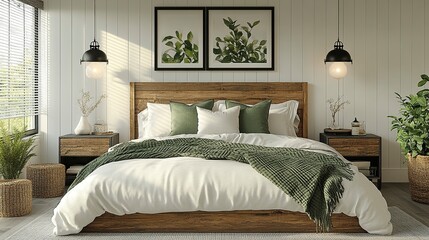 Stock photo of a Design a bright and cozy modern farmhouse master bedroom with white walls. The bed features The Driftless Platform Bed Frame with an extra-wide headboard, generative ai