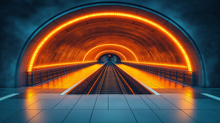 Futuristic subway tunnel with neon lights. Perfect for sci-fi, cyberpunk, and urban themes