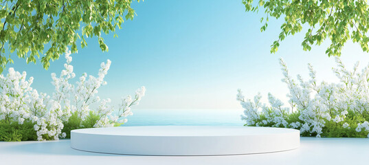 Obraz premium Minimalist 3D spring riverside scene with sparkling water in the distance, lush green willow trees, and an empty circular product display stand at the bottom. Perfect for product presentation 