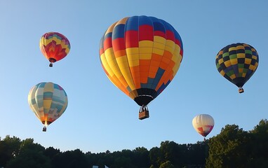 Obraz premium Colorful hot air balloons ascending in a clear blue sky above a green tree line.