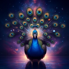 A surreal peacock with glowing, cosmic feathers, each featuring miniature galaxies, standing in a vibrant mirrored landscape.
