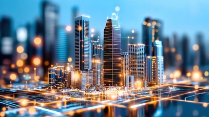 Fototapeta premium Urban skyline illuminated by neon lights creates a futuristic atmosphere at night