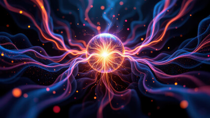 Abstract hi-tech background with glowing spheres and intricate energy patterns.