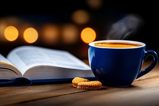 A cup of coffee and a book on a table