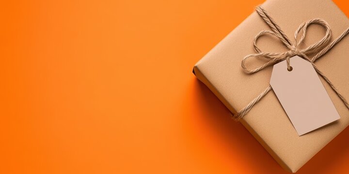 Eco Friendly Gift Box with Blank Tag on Orange Background