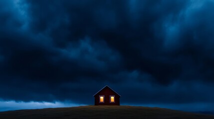 A small red house sitting on top of a hill under a stormy sky