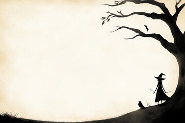 Silhouette of a Man in Front of an Old Tree Amidst a Mysterious, Whimsical Background - Playful Mystery