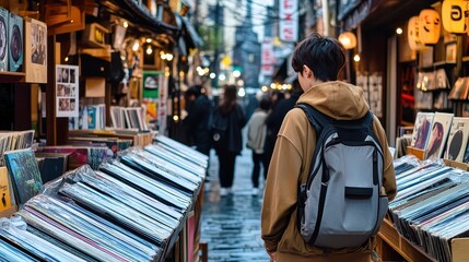 Exploring vibrant record shops in a bustling street market during the early evening hours