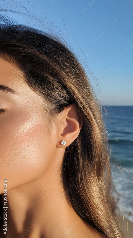 Wall mural A real photo for publication on social media of close-fitting solitaire earrings set with a small round diamond in pink gold on a woman with a background of ocean.