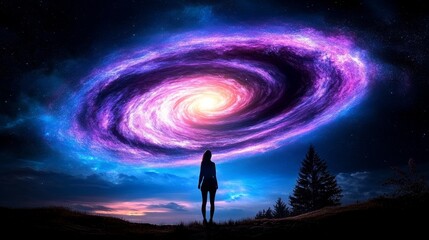 Fototapeta premium Woman Silhouetted Against a Spiral Galaxy Night Sky Landscape