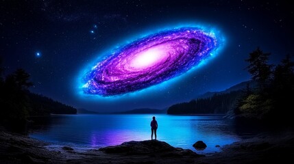 Galaxy Over Lake Person Silhouetted Against Cosmic Wonder