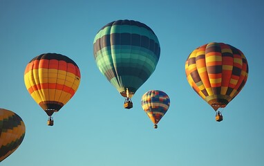 Obraz premium Colorful hot air balloons soar against a clear blue sky.