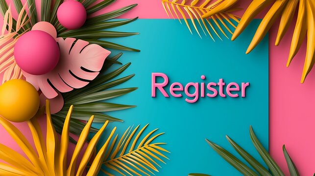 Register signup. A vibrant design featuring tropical leaves and colorful spheres, with the word "Register" prominently displayed on a blue background. - Powered by Adobe