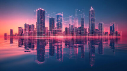 Market breakout signals. futuristic city skyline with digital elements reflecting in water, showcasing innovation and technology. vibrant colors create captivating atmosphere