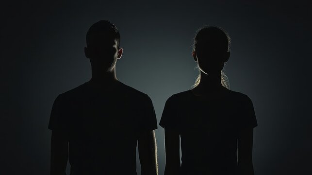 Silhouettes of a man and woman in black shirts, illuminated by contrasting light, faceless and minimalistic