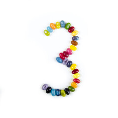 digit number 3 made of jelly candies isolated on white background. Alphabet