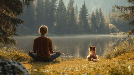 A person meditating with their dog nearby, feeling calm and connected to nature.