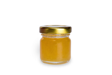 Tasty natural honey in glass jar isolated on white background. Bee icon. High quality photo