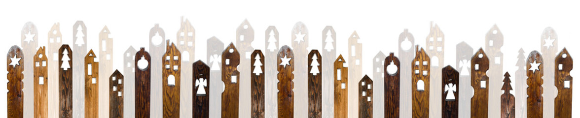 Christmas banner. Wooden fence as a  christmas decoration. White background