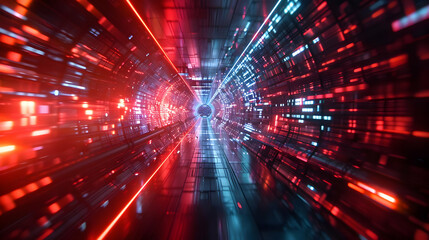 Abstract 3D Digital Tunnel Background with Red and Blue Neon Lights Streaking Through Futuristic Cyberspace