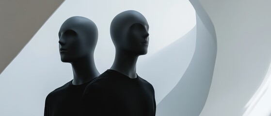 Minimalist faceless duo in black shirts, positioned asymmetrically in a white modern architectural space