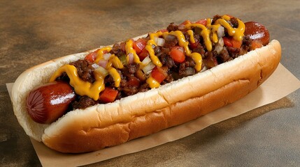 A large hot dog with chili, onions, tomatoes, and mustard on a bun.