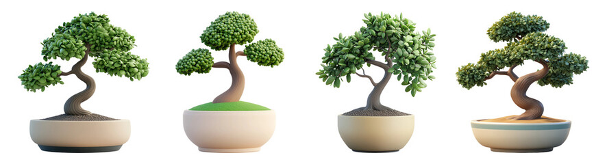 Variety of Bonsai Plants in Pots on Transparent Background
